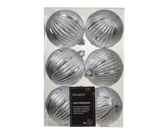 Shatterproof Ridge Bauble Silver 8cm Pack of 6 - Christmas