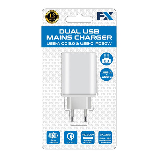 FX Dual EU Charger USB-C & USB-A, White - Compact, Portable & Travel-Friendly
