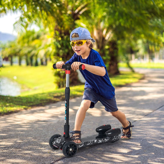 HOMCOM Scooter for Kids Toddler 3 Wheel Adjustable Height w/Flashing Wheels Music Water Spray Foldable Kick Scooter for Boys and Girls 3-6 Yrs Black