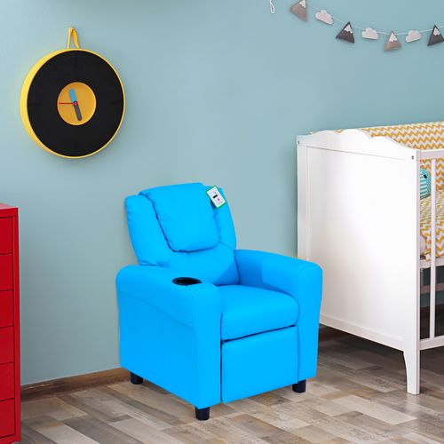 HOMCOM Kids Recliner, PU Leather Kids Armchair, Kids Chair, Toddler Armchair with Adjustable Backrest, Footrest, Padded Headrest, Cup Holder, Blue