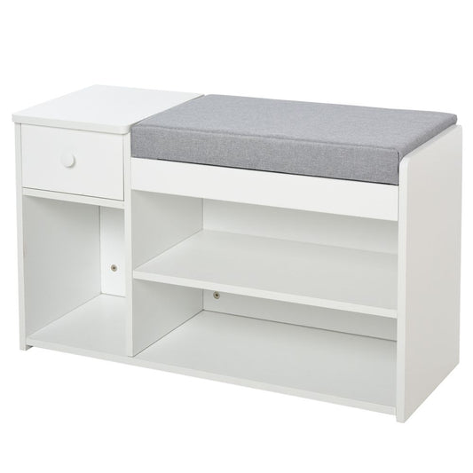 HOMCOM Multi-Storage Shoe Bench w/Drawer 3 Compartments Cushioned Home Organisation Furniture Tidy Boots Hallway Entryway White