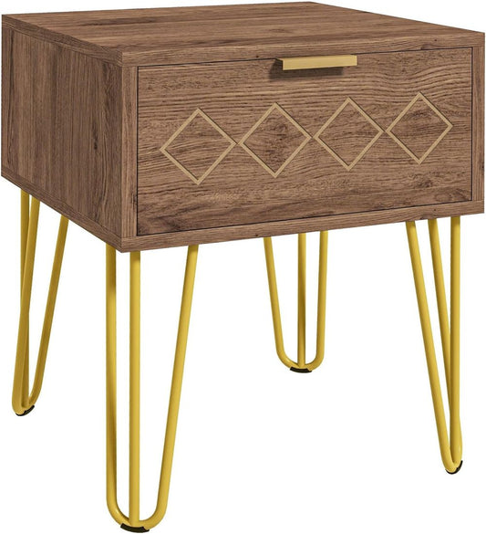 HOMCOM Bedside Table with Drawer, Gold Metal Legs for Living Room Bedroom