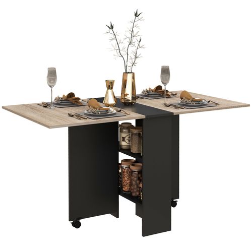 HOMCOM Mobile Drop Leaf Dining Table Folding Desk w/ 2 wheels Storage Shelves