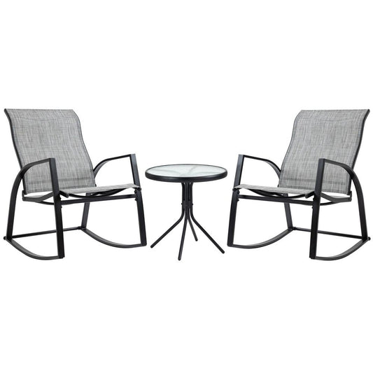 Outdoor Rocking Chair Set w/ Glass Table - Patio Bistro Furniture - Steel Frames