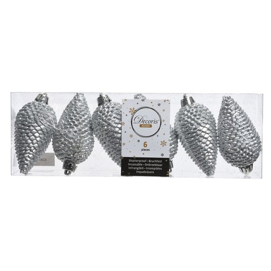 Shatterproof Silver Glitter Pinecone 8cm Pack of 6 - Christmas Tree Decoration
