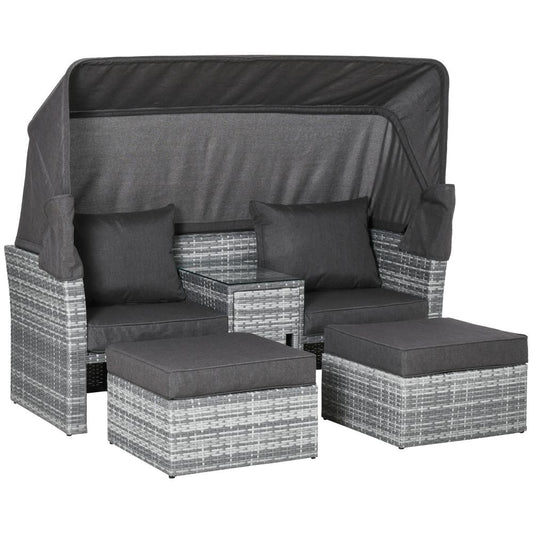 PE Rattan Daybed 2-Seater Sofa Footstool Tempered Glass Table