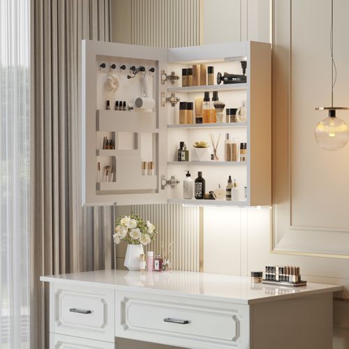 FCH White LED Mirror Cabinet (20*28 inches),1 Door, 4 Shelves, with Time & Temperature Display, Three-color Lighting, Adjustable Brightness, Power-off Memory