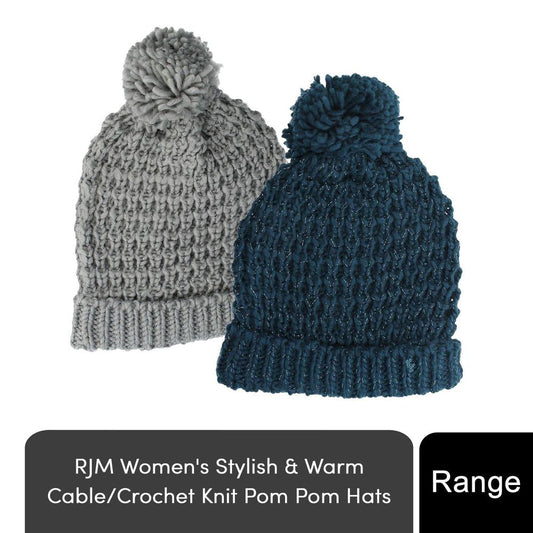 Stylish Ladies Winter Knitted Beanie with Pom Pom - Grey or Blue
