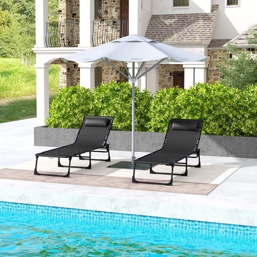 Outsunny 2 Pcs Folding Beach Chair Chaise Lounge 4 Adjustable Positions, Black