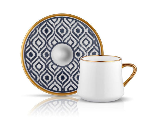Sufi HD Tea Cup and Saucer Ikat - Anthracite Mat Gold - 230 cc