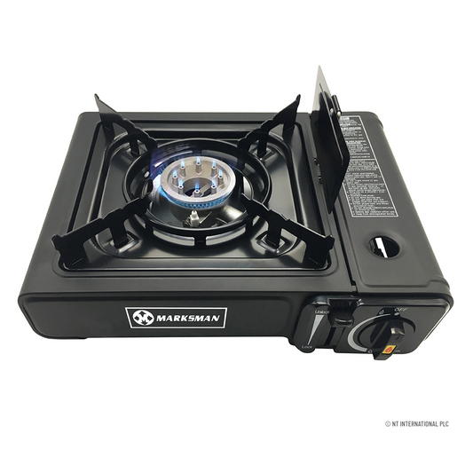 MARKSMAN Portable GAS COOKER Butane Camping Stove FREE Carry Case BBQ Outdoor Indoor Kitchen Hiking Single Burner Caravan House Party Boating Fishing Cookware Garden Patio Picnic Cooking Refills UK