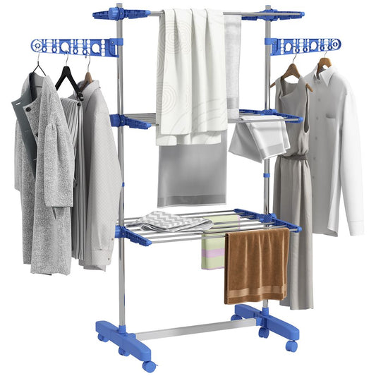 HOMCOM 3-Tier Large Clothes Airer Stainless Steel Clothes Drying Rack Blue