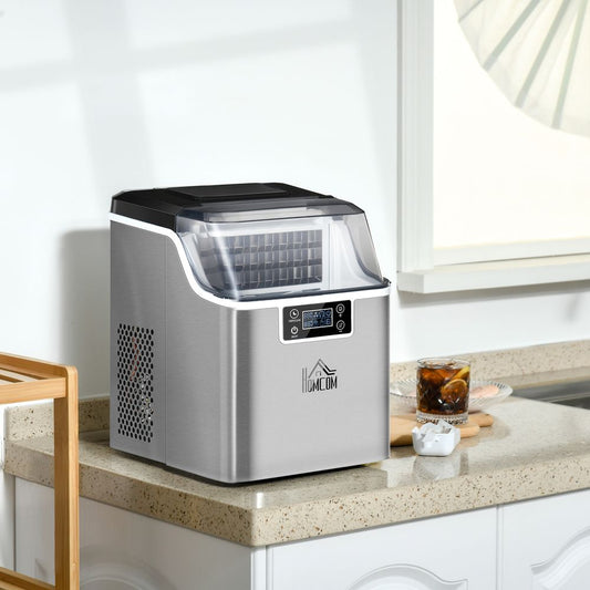 HOMCOM Ice Maker Machine Countertop, Stainless Steel Portable Ice Cube Maker, 2 Ways to Add Water, 24kg/Day, 24 Pcs Ready in 14 Mins, Self-Cleaning with Scoop & Basket, 3.2L, for Home Office, Silver