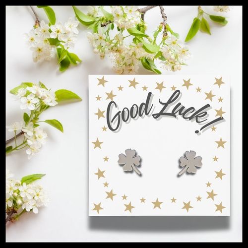 Good Luck Card & Four Leaf Clover Stud Earrings