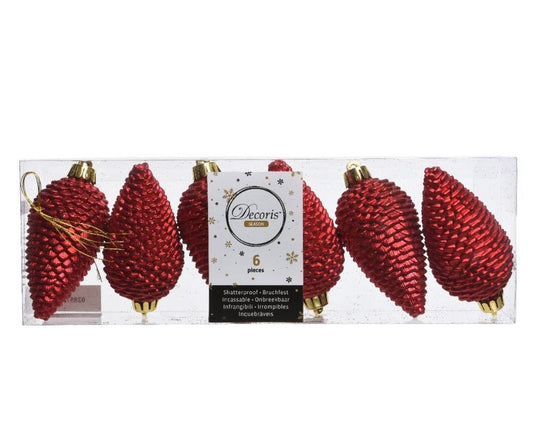 Shatterproof Christmas Red Glitter Pine Cone 8cm Pack of 6 - Christmas Tree Decoration