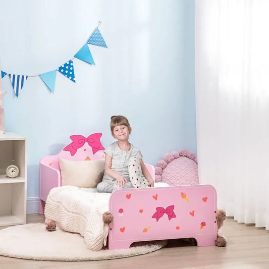 Princess Themed Kids Toddler Bed w/ Cute Patterns, Safety Rails - Pink