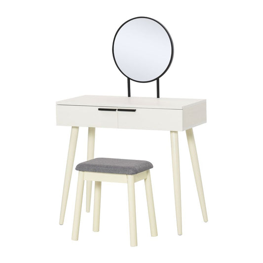 Dressing Table Vanity Set Makeup Desk with Round Mirror Cushioned Stool White
