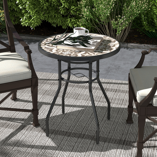 Outsunny Garden Table with Glass Printed Design for Outdoor, Tan Brown