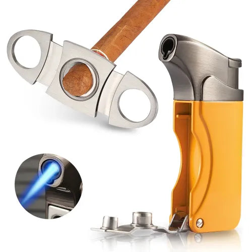 Windproof Butane Lighter Cutter Cigar Accessories Set Metal Gas Torch Lighters Stainless Steel Sharp Cigar Cutter