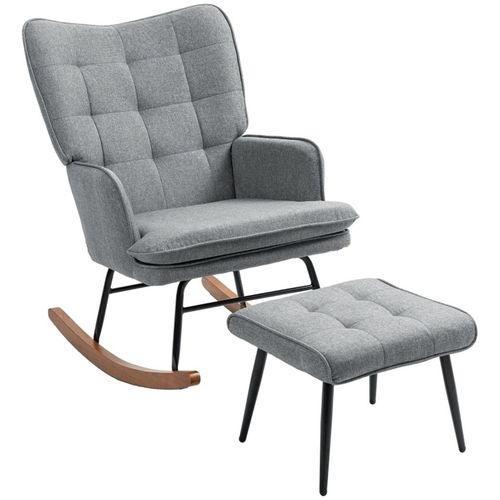 HOMCOM Rocking Chair and Ottoman Set, Fabric Armchair with Footstool, Wingback Chair for Living Room and Bedroom, Grey