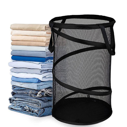 Large Collapsible Laundry Basket Foldable Mesh Pop Up Hamper with Handles for Laundry Room, Bathroom, Kids Room, College Dorm, Travel, Storage Organizer Black 