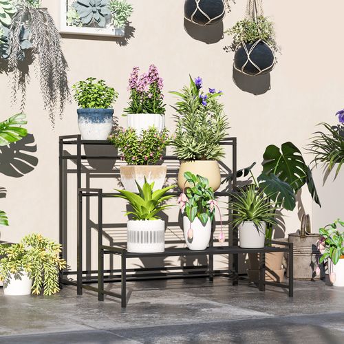 Outsunny 3-Tier Metal Plant Stand, Modern Ladder Shelf for Garden, Black