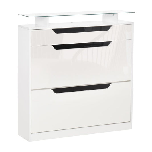 Shoe Cabinet 3 Drawers High Gloss Storage Cupboard Glass Top White