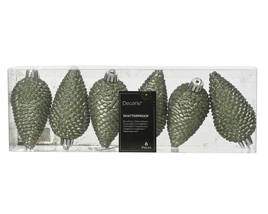 Shatterproof Rosemary Green Glitter Pine Cone 8cm Pack of 6 - Christmas Tree Decoration