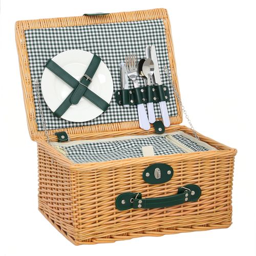 Outsunny Wicker Picnic Basket for 2 w/ Insulated Cooler Bag, Light Brown