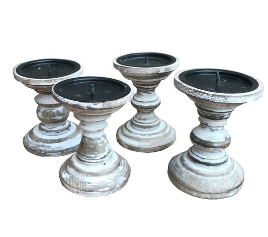 High-Quality Set of 4 White Wooden Candlestick Church Pillar Candle Holders