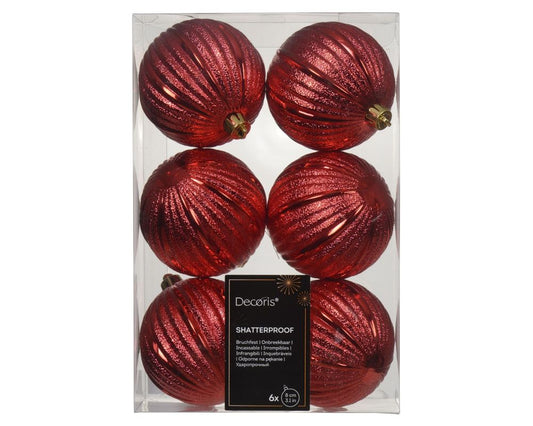 Shatterproof Ridge Bauble Christmas Red 8cm Pack of 6 - Christmas