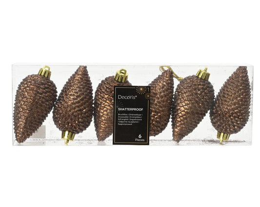 Shatterproof Espresso Brown Glitter Pine Cone 8cm Pack of 6 - Christmas Tree Decoration