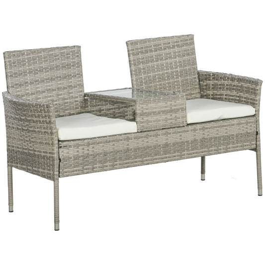 Outsunny Rattan Garden Bench w/ Glass Tea Table, Wicker Chair w/ Cushions, Grey