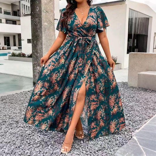 V-Neck Floral Wrap Dress With Flared Sleeves And Side Slit For Women | Luxury Home Accessories | Heulog Glow
