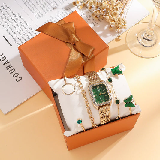 Wild Emerald Square Steel Watch Butterfly Bracelet 5pcsset Gift Set | Luxury Home Accessories | Heulog Glow