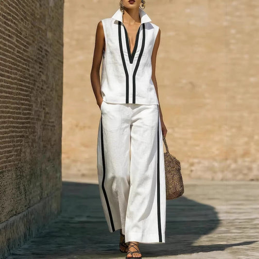Womens Contrasting-Color Sleeveless Single-Breasted Vest And Drawstring Pants Set | Luxury Home Accessories | Heulog Glow