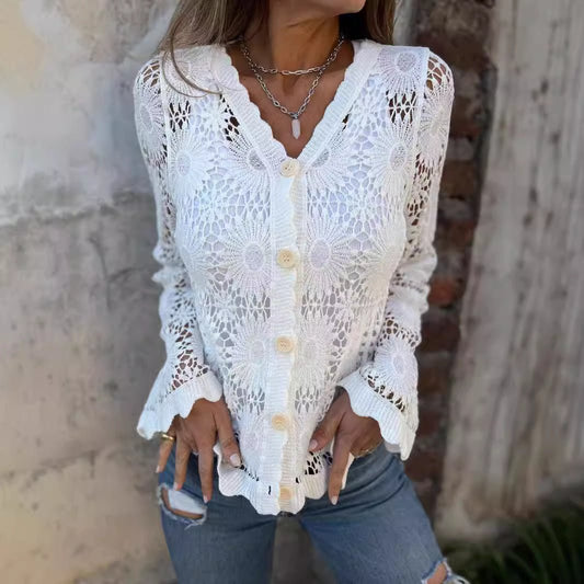 Women's Lace V-neck Long Sleeve Top | Luxury Home Accessories | Heulog Glow