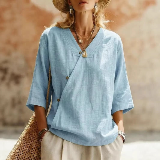 Women's Solid-Colored Cotton-Linen Button-Up Top | Luxury Home Accessories | Heulog Glow