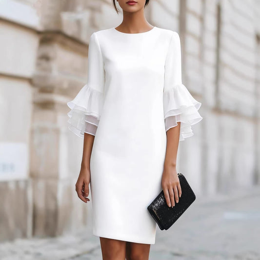 Womens Solid-Colored Ruffle-Trim Flared-Sleeve Slim-Fit Dress | Luxury Home Accessories | Heulog Glow