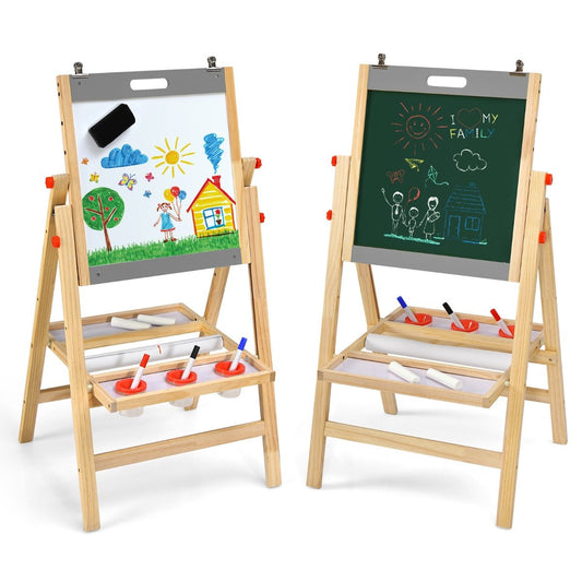 3-In-1 Wooden Kids Easel with Double Boards and Storage Tray-Grey