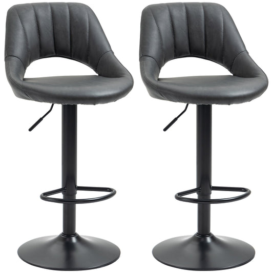 HOMCOM Bar Stools Set of 2, Swivel Counter Height Barstools with Back, Adjustable PU Leather Bar Chairs, Modern Armless Kitchen Island Stool, Dark Grey