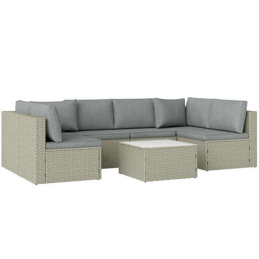 Outsunny 7 Pieces Rattan Garden Furniture Set, 6 Seater Garden Corner Sofa with Wide Seat, Cushions and Glass Top Table, Sectional Outdoor Furniture Conservatory Set for Patio, Light Brown
