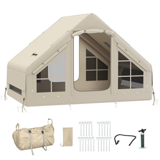 Outsunny Inflatable Camping Tent with Pump, Easy Setup 2-4 Person Blow Up Tent, Waterproof Luxury Inflatable Tent with Mesh Windows, Doors, Hook and Carry Bag, Beige
