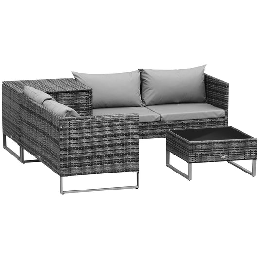 Outsunny 4 PCs Garden Rattan Wicker Outdoor Furniture Patio Corner Sofa Love Seat and Table Set with Cushions Side Desk Storage - Mixed Grey