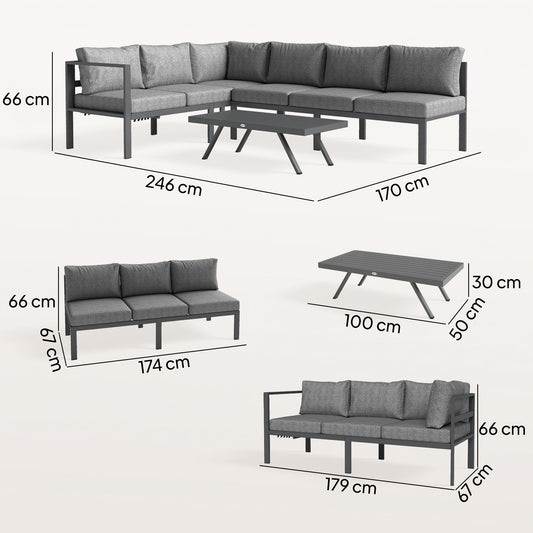 Outsunny 3 Pieces Garden Furniture Set, Aluminium Corner Lounge Set with Adjustable Backrest and Coffee Table