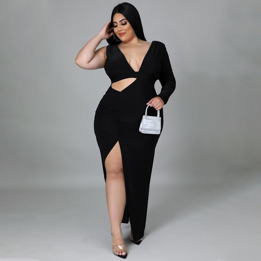 Solid-color Single-sleeve Sexy Hollow-out Maxi Dress