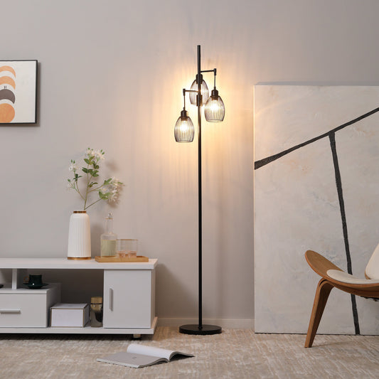 HOMCOM 170cm Industrial 3-Light Floor Lamp, Dimmable Standing Lamp with Steel Lampshades for Living Room, Bedroom, Dinging Room, Study, Black