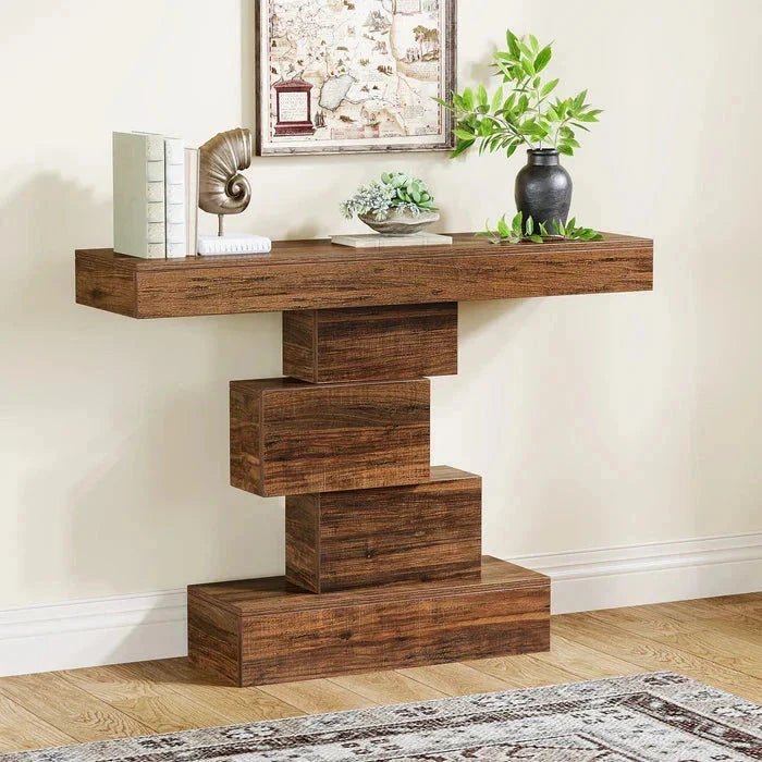 107cm Console Table, Wood Sofa Table Accent Table with Geometric Base | Luxury Home Accessories | Heulog Glow