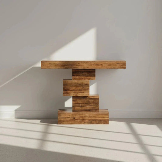 107cm Console Table, Wood Sofa Table Accent Table with Geometric Base | Luxury Home Accessories | Heulog Glow