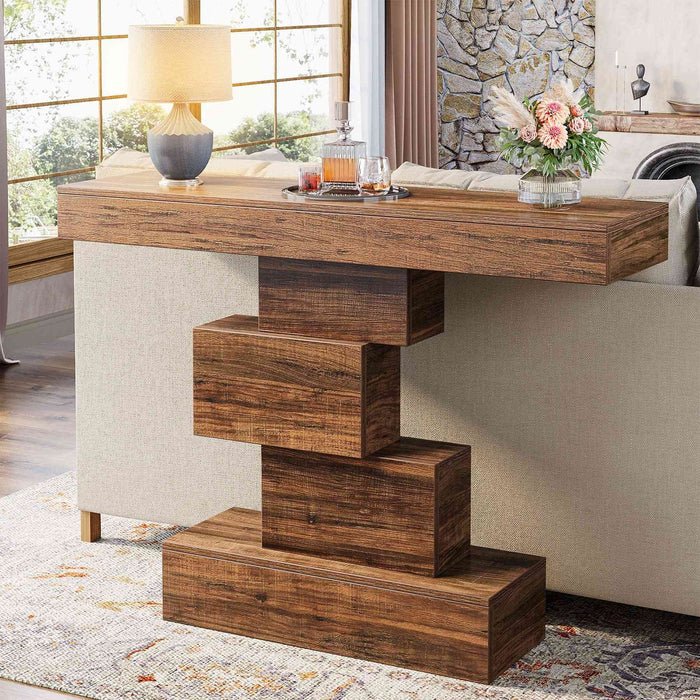 107cm Console Table, Wood Sofa Table Accent Table with Geometric Base | Luxury Home Accessories | Heulog Glow